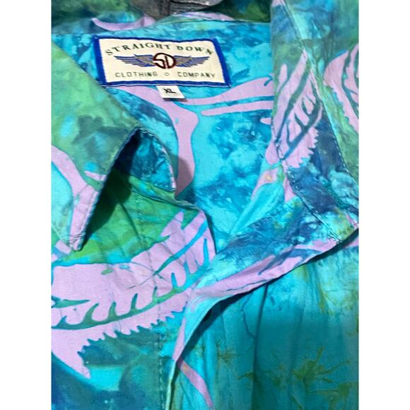 Vintage Straight Down Shirt Mens XL Green Blue Tie Dye Abstract Sword Fish - Picture 9 of 9